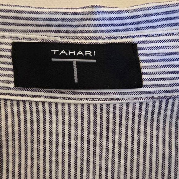 Tahari Womens Short Sleeve Striped Button Front Blouse Blue White Size Large - Picture 2 of 11